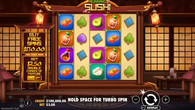 Running Sushi spin 1, CREDIT $100,000.00 session start, 5x4 grid, warm restaurant interior, conveyor belt with money tokens
