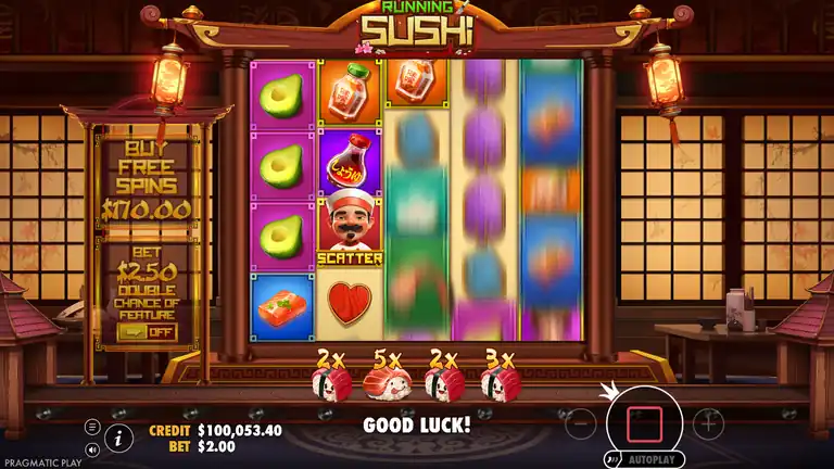 Running Sushi spin 419, CREDIT $100,053.40, Sushi Chef scatter on reel, mid-session base game