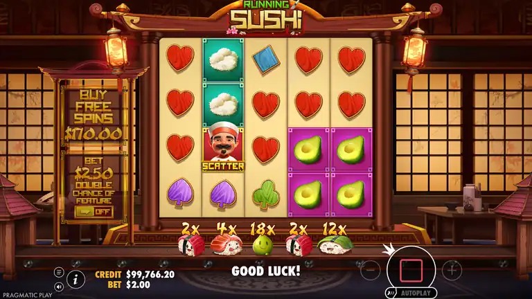Running Sushi spin 847, CREDIT $99,766.20, Sushi Chef scatter on reel 2, conveyor belt 2x 4x 18x 2x 12x