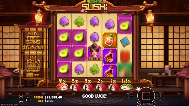 Running Sushi spin 1225, CREDIT $99,888.40, Take Sushi collector on reel 3, conveyor belt 4x 3x 3x 2x 1x 10x