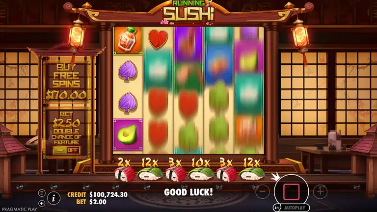 Running Sushi spin 1623, CREDIT $100,724.30, final checkpoint, reels mid-spin, conveyor belt with token values