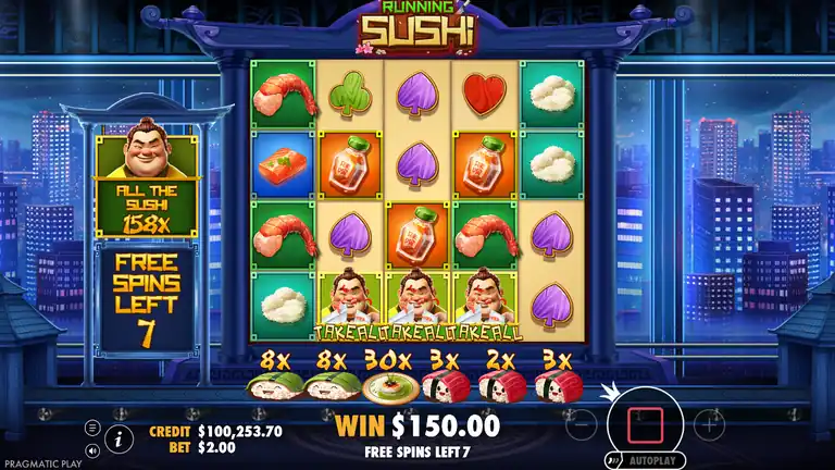 Running Sushi Free Spins - ALL THE SUSHI meter 158x, TAKE ALL chef on reels 2-4, night city, FREE SPINS LEFT 7, WIN $150.00