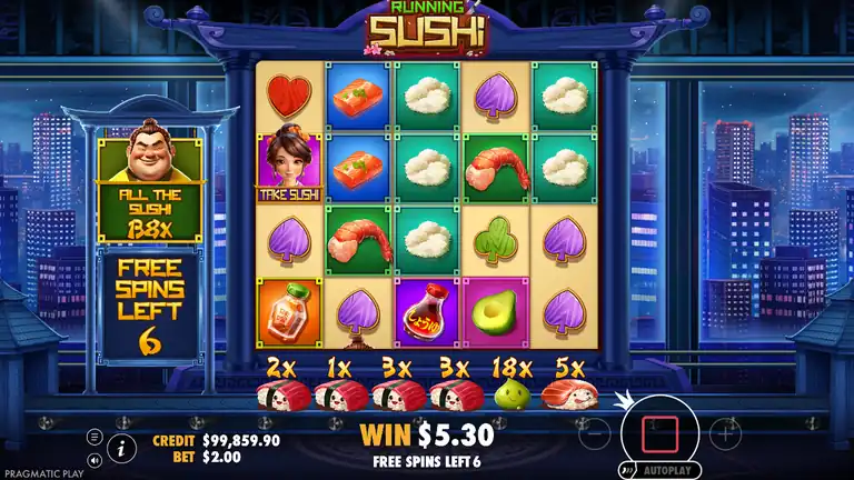 Running Sushi Free Spins - Take Sushi on reel 2, ALL THE SUSHI meter 18x, FREE SPINS LEFT 6, CREDIT $99,859.90