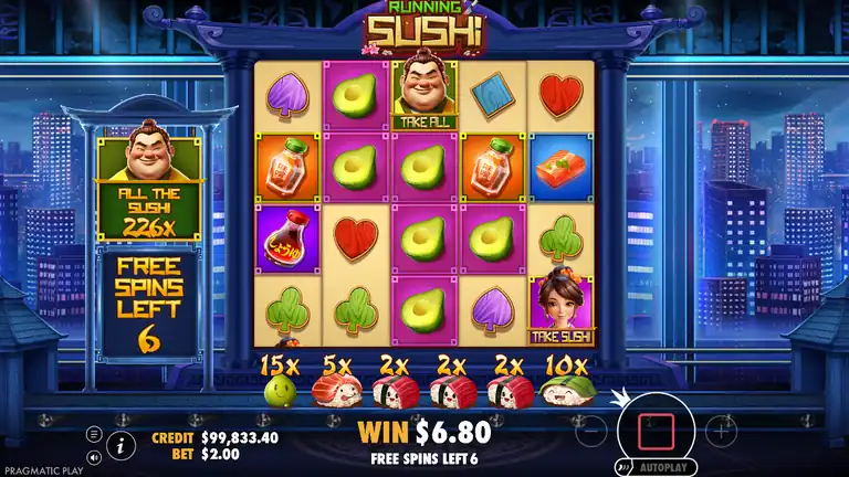 Running Sushi free spins mode with ALL THE SUSHI meter at 226x, TAKE ALL and Take Sushi both visible, night city background