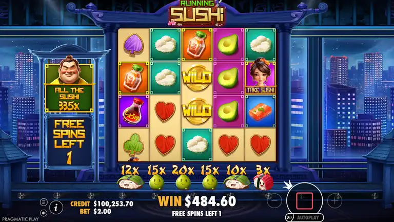 Running Sushi Free Spins bonus result - ALL THE SUSHI meter 335x, WIN $484.60, CREDIT $100,253.70, FREE SPINS LEFT 1