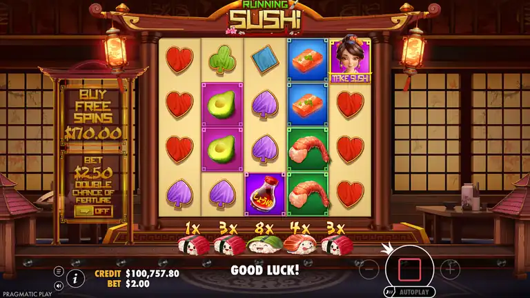 Running Sushi base game, CREDIT $100,757.80 peak, Take Sushi collector on reel 5, conveyor belt 1x 3x 8x 4x 3x